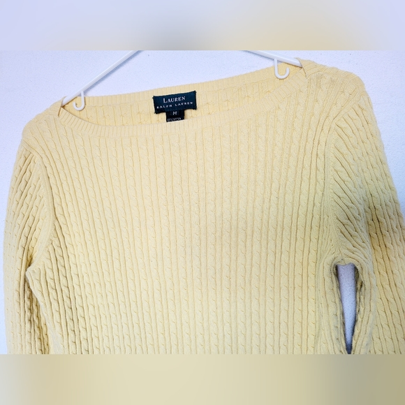 Lauren Ralph Lauren Women's Cable Knit Stretch Cotton Sweater Yellow Boat Neck M - Picture 5 of 11